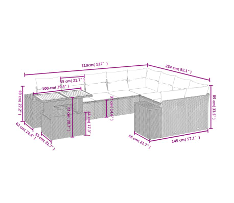 vidaXL 10-tlg. Garten-Sofagarnitur mit Kissen Beige Poly Rattan