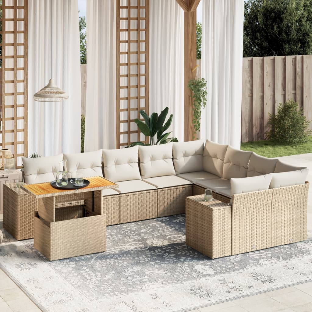 vidaXL 10-tlg. Garten-Sofagarnitur mit Kissen Beige Poly Rattan