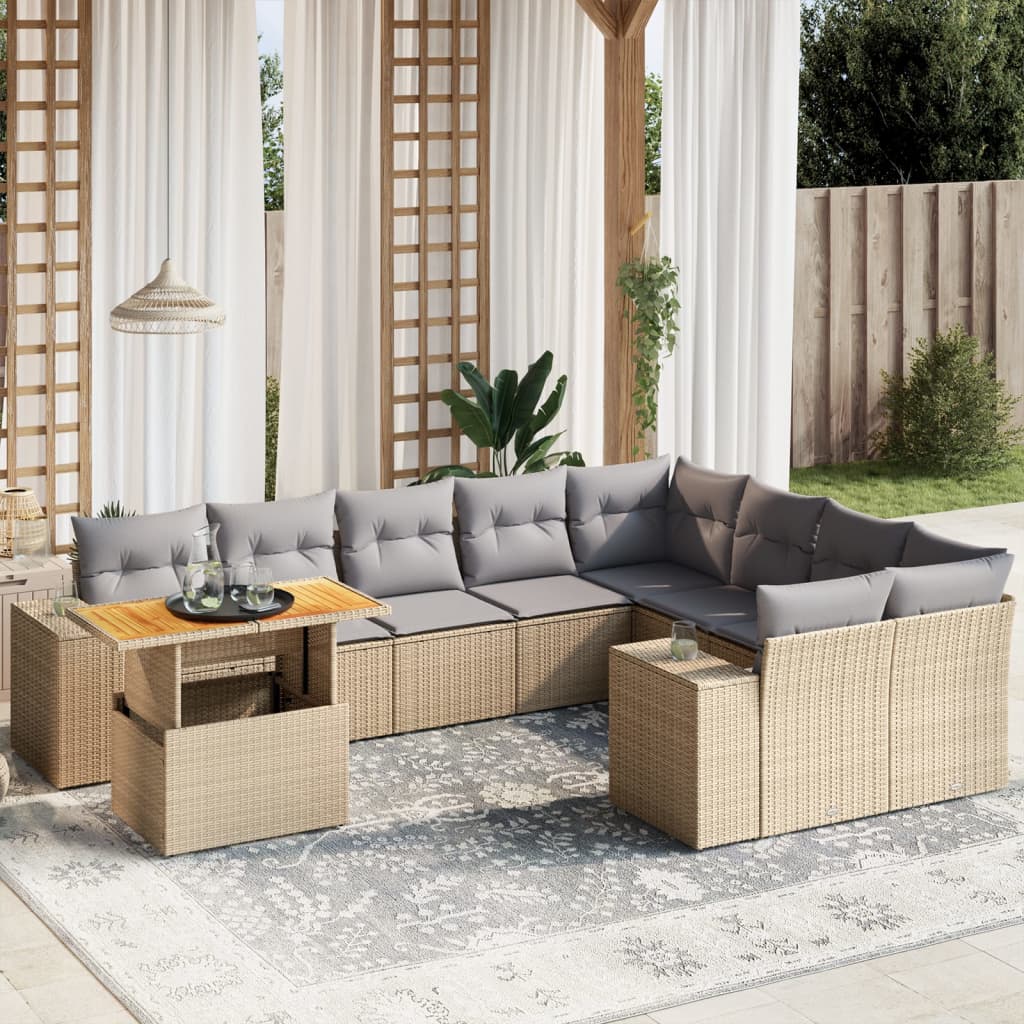 vidaXL 10-tlg. Garten-Sofagarnitur mit Kissen Beige Poly Rattan