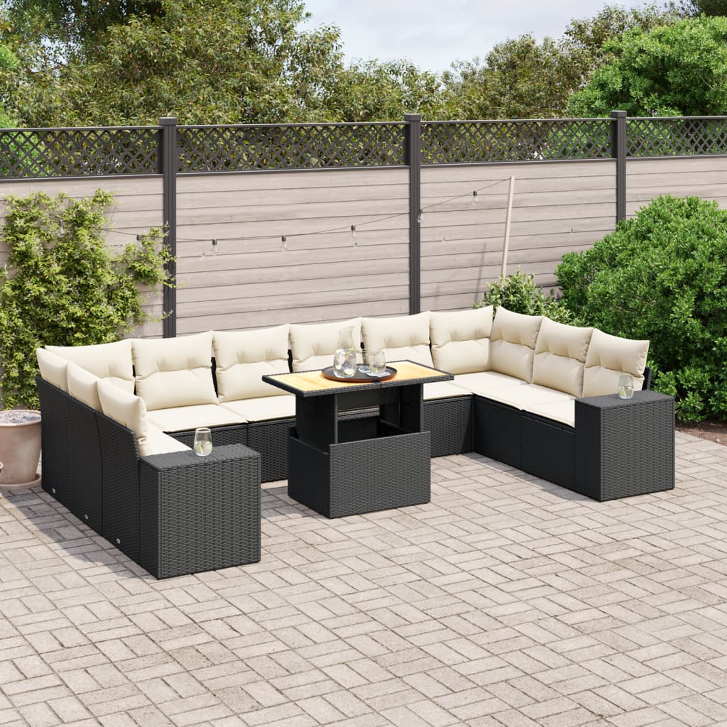 vidaXL 11-tlg. Garten-Sofagarnitur mit Kissen Schwarz Poly Rattan