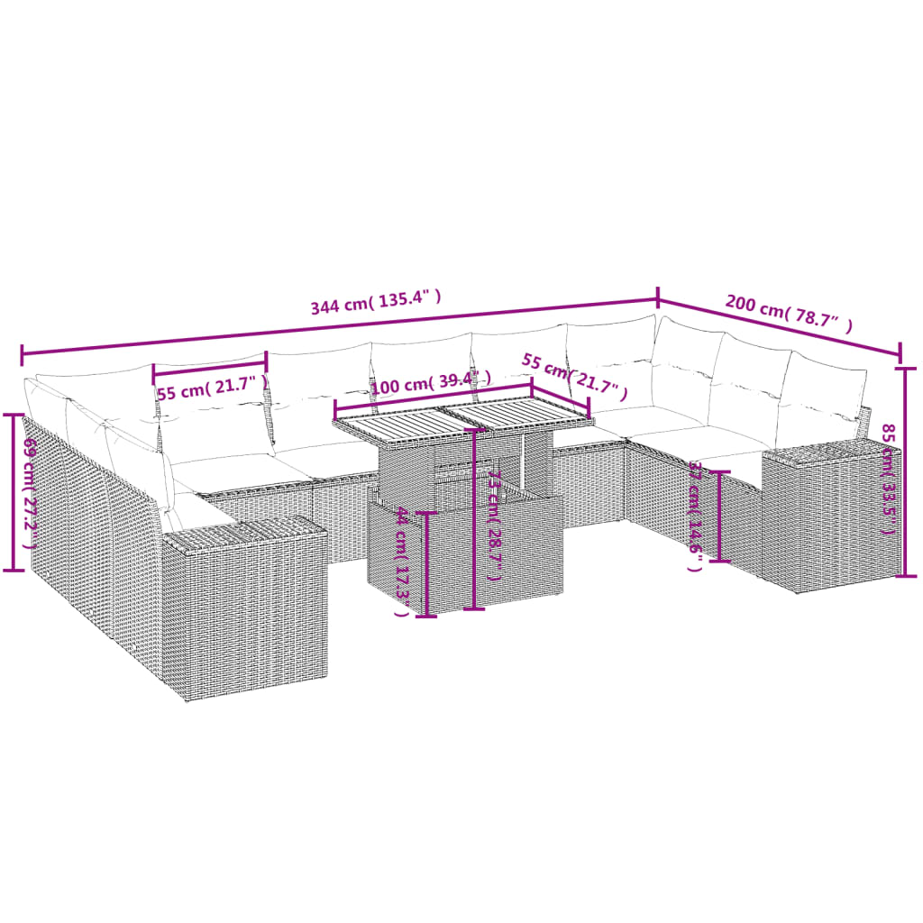 vidaXL 11-delige Tuinset met kussens poly rattan beige afbeelding