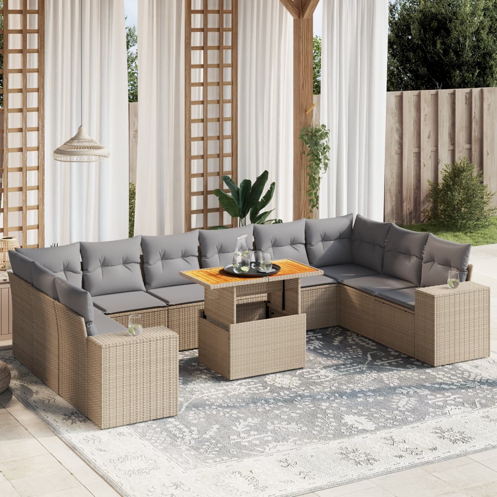 vidaXL 11-tlg. Garten-Sofagarnitur mit Kissen Beige Poly Rattan