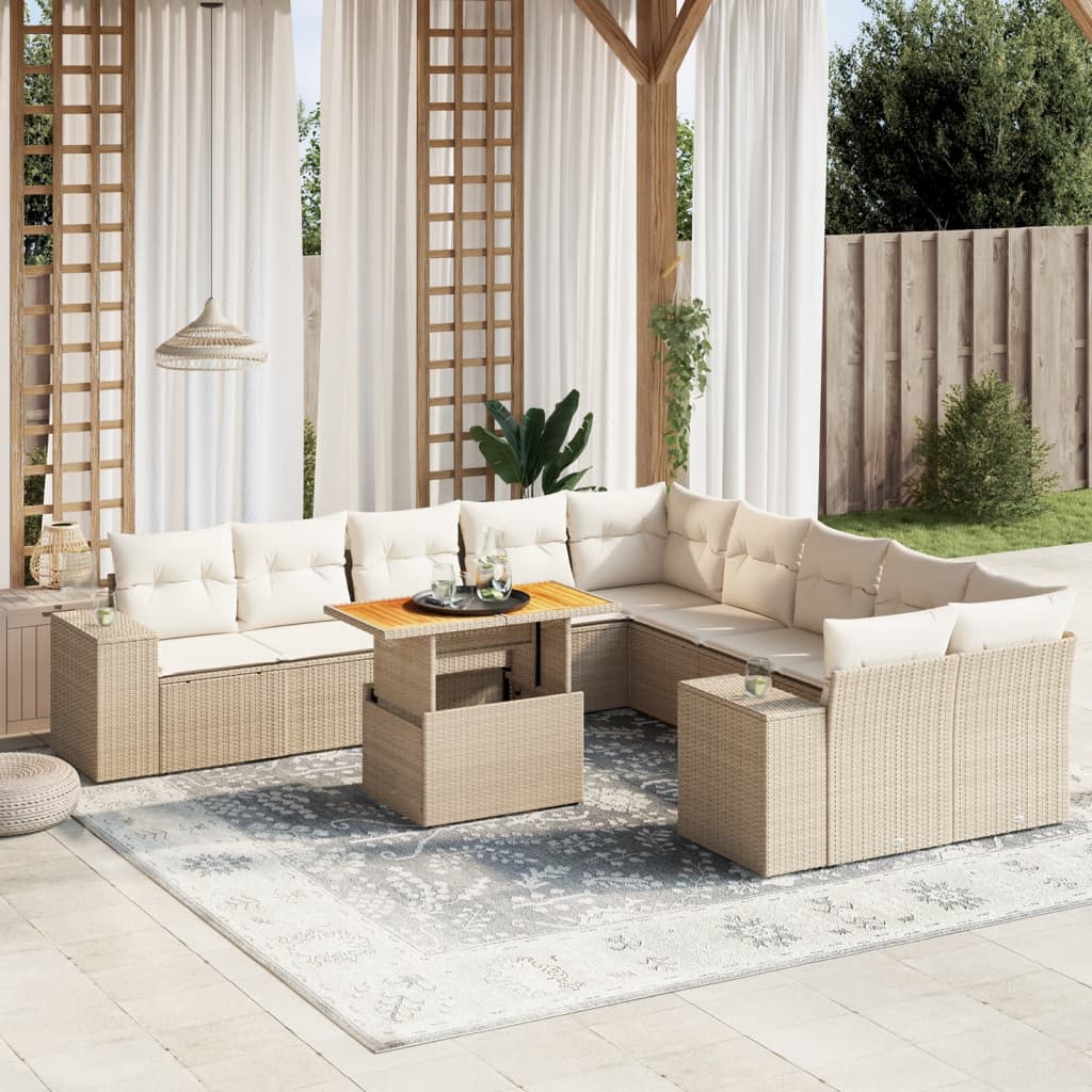 vidaXL 11-tlg. Garten-Sofagarnitur mit Kissen Beige Poly Rattan