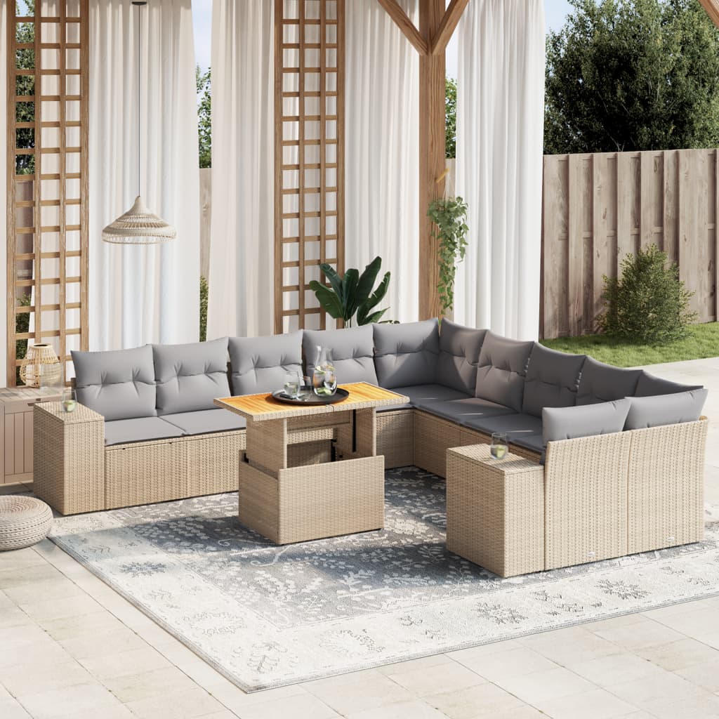 vidaXL 11-tlg. Garten-Sofagarnitur mit Kissen Beige Poly Rattan