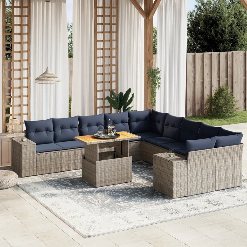 Set de sofás de jardín 11 pzas y cojines ratán sintético gris