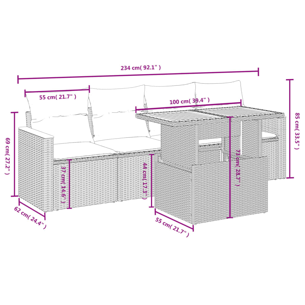 vidaXL 5-delige Loungeset met kussens poly rattan zwart afbeelding