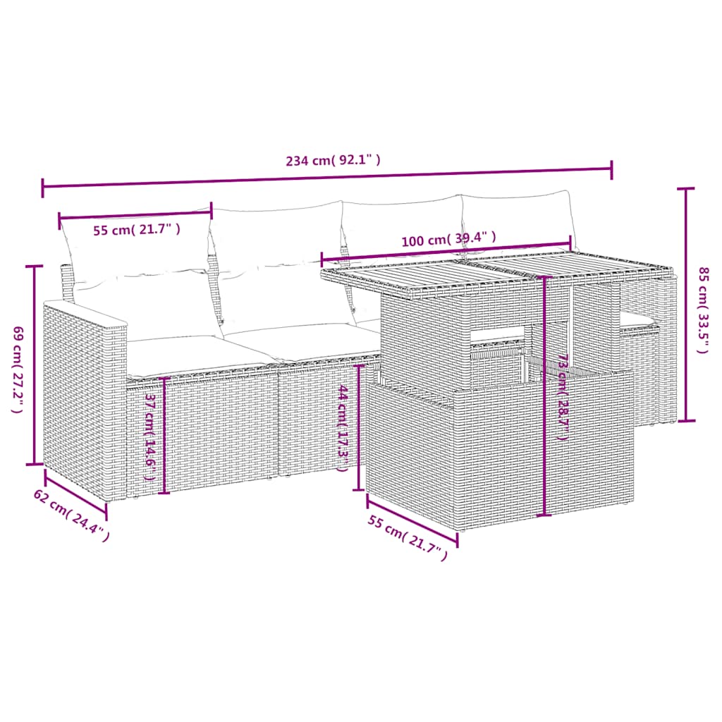 Set mobilier de grădină cu perne, 5 piese, negru, poliratan 3272952 - imagine 3