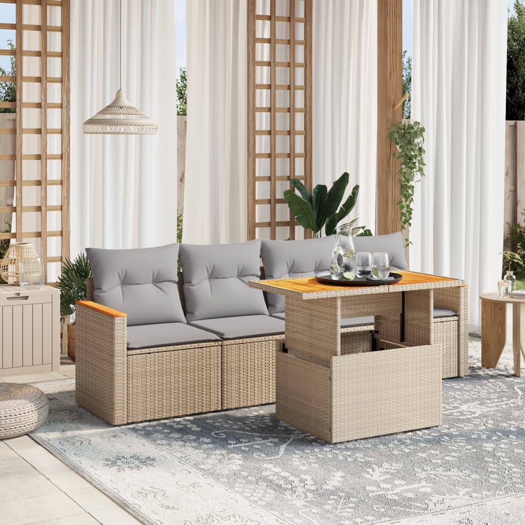 vidaXL 5-tlg. Garten-Sofagarnitur mit Kissen Beige Poly Rattan