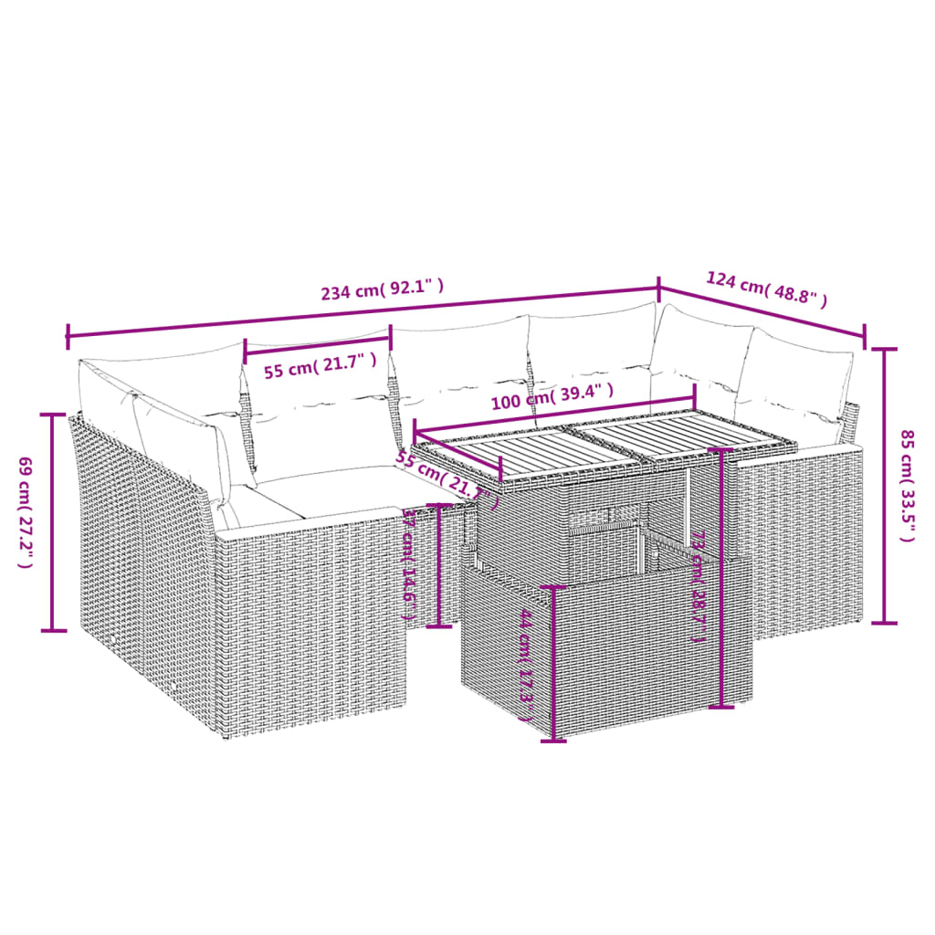vidaXL 7-delige Loungeset met kussens poly rattan zwart afbeelding