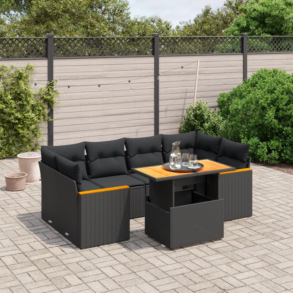 vidaXL 7-tlg. Garten-Sofagarnitur mit Kissen Schwarz Poly Rattan