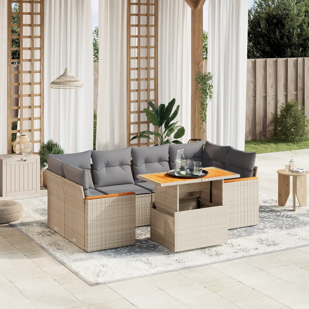 vidaXL 7-tlg. Garten-Sofagarnitur mit Kissen Beige Poly Rattan