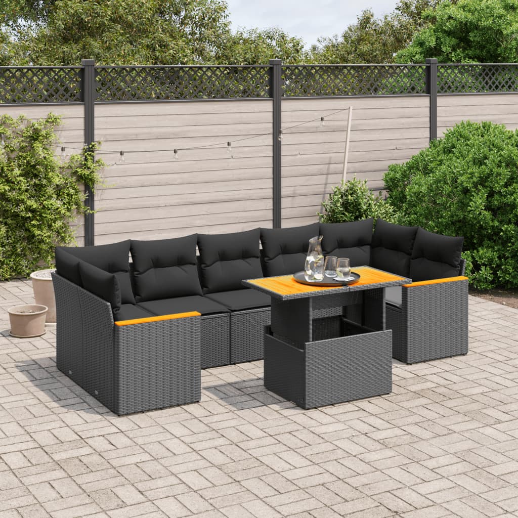 vidaXL Set mobilier de grădină cu perne, 8 piese, negru, poliratan