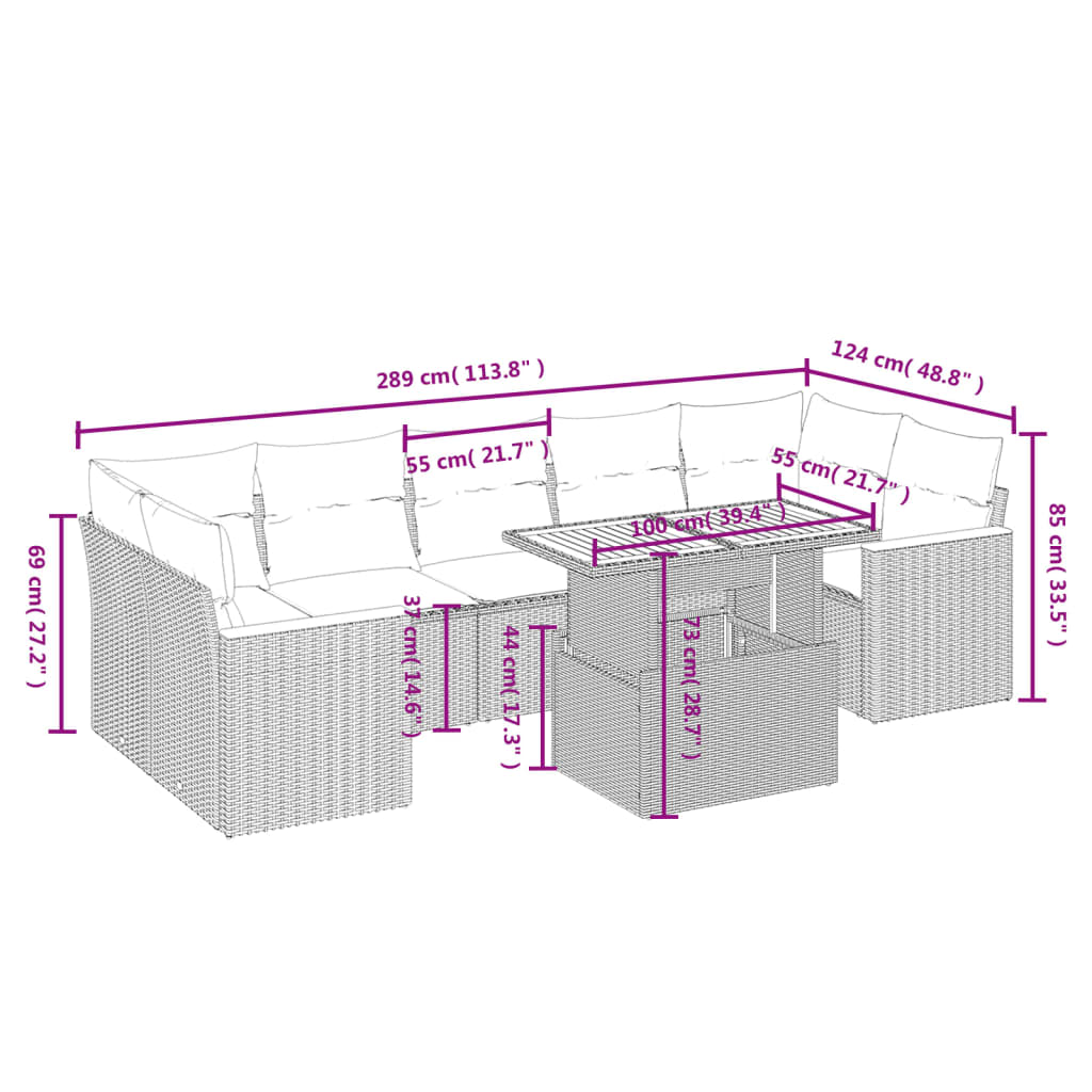 vidaXL 8-delige Loungeset met kussens poly rattan zwart afbeelding