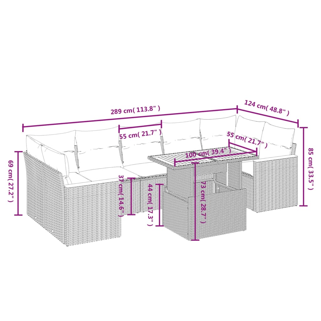 vidaXL 8-delige Loungeset met kussens poly rattan beige afbeelding