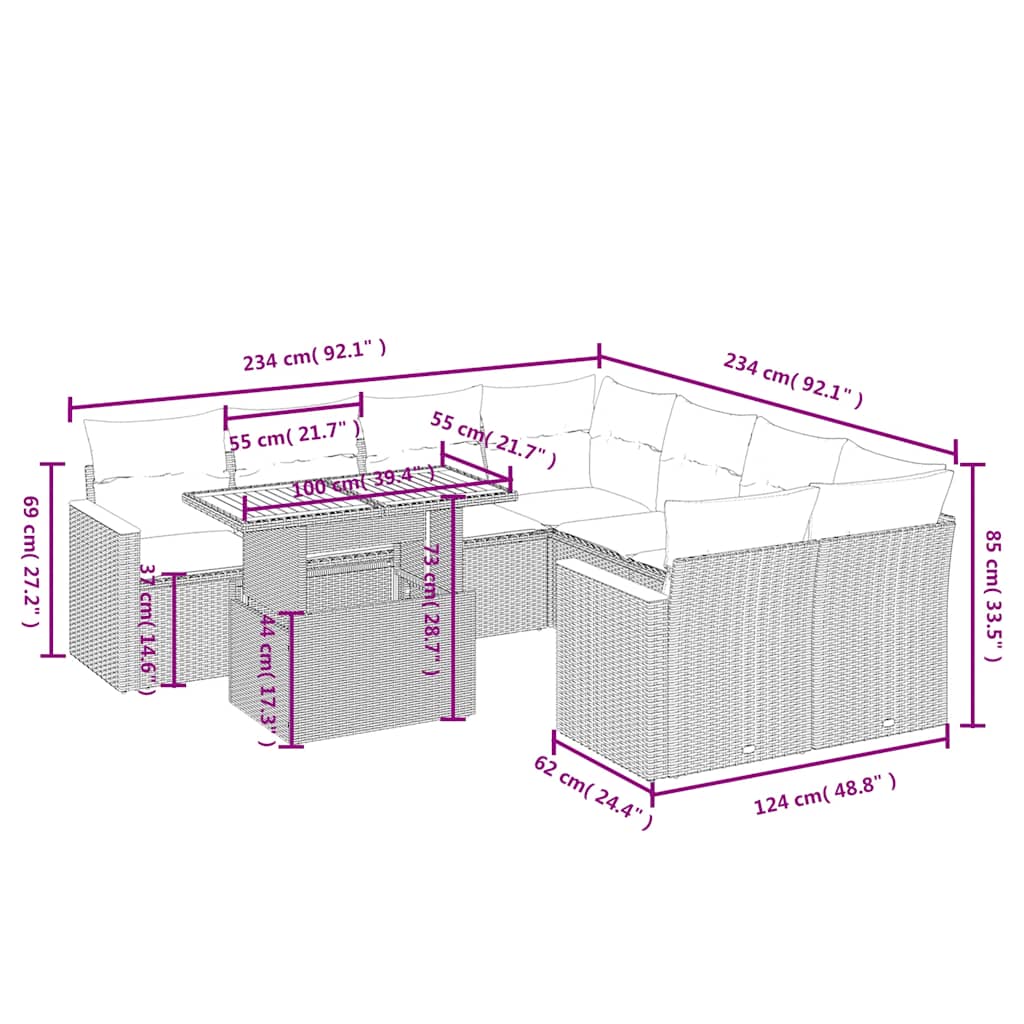 Set mobilier de grădină cu perne, 9 piese, negru, poliratan 3273001 - imagine 3