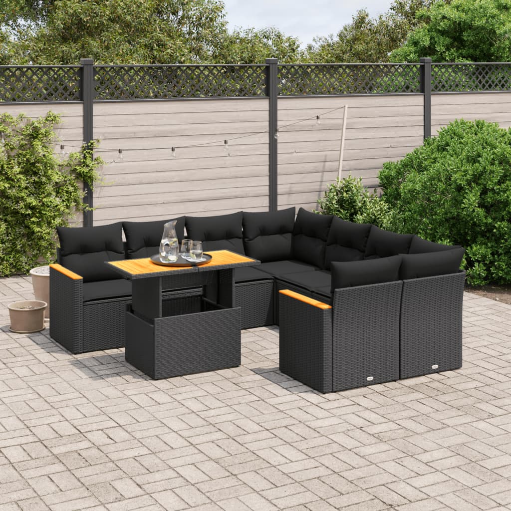 vidaXL Set mobilier de grădină cu perne, 9 piese, negru, poliratan