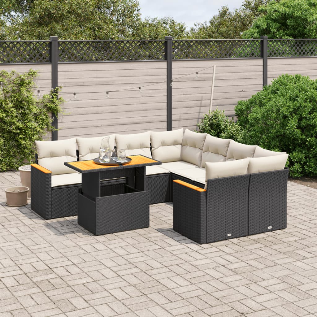 vidaXL 9-tlg. Garten-Sofagarnitur mit Kissen Schwarz Poly Rattan