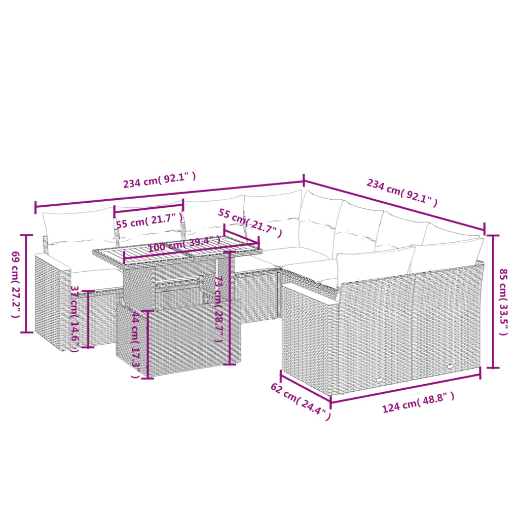 Set canapele de grădină, 9 piese, cu perne, gri, poliratan 3273006 - imagine 3