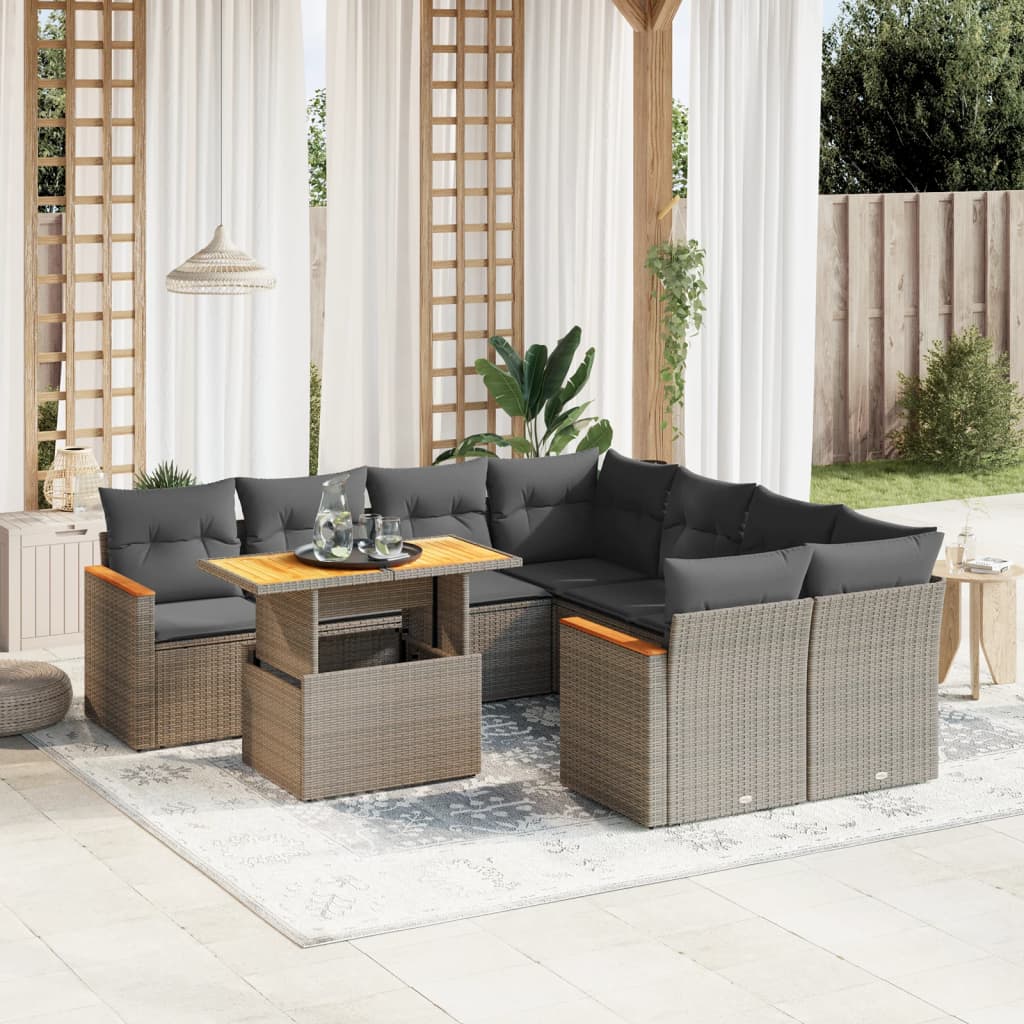 vidaXL 9-tlg. Garten-Sofagarnitur mit Kissen Grau Poly Rattan