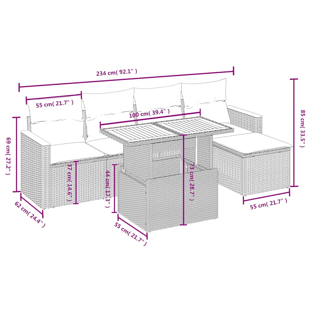 Set mobilier de grădină cu perne, 6 piese, negru, poliratan 3273050 - imagine 3