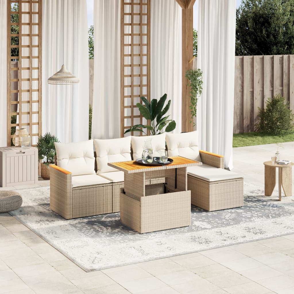 vidaXL 6-tlg. Garten-Sofagarnitur mit Kissen Beige Poly Rattan