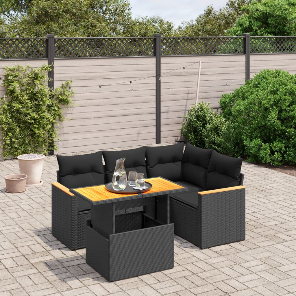 vidaXL 5-tlg. Garten-Sofagarnitur mit Kissen Schwarz Poly Rattan