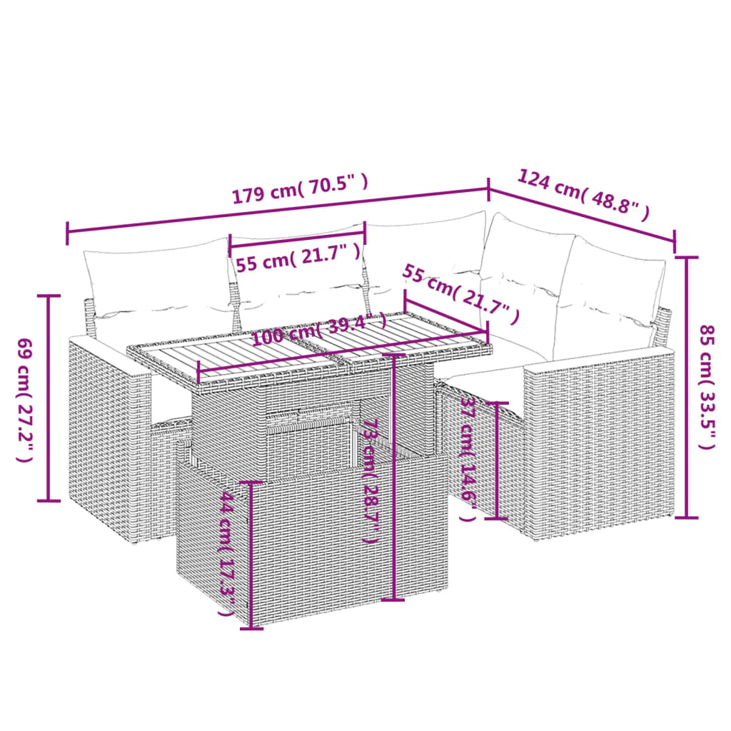vidaXL 5-delige Loungeset met kussens poly rattan zwart afbeelding