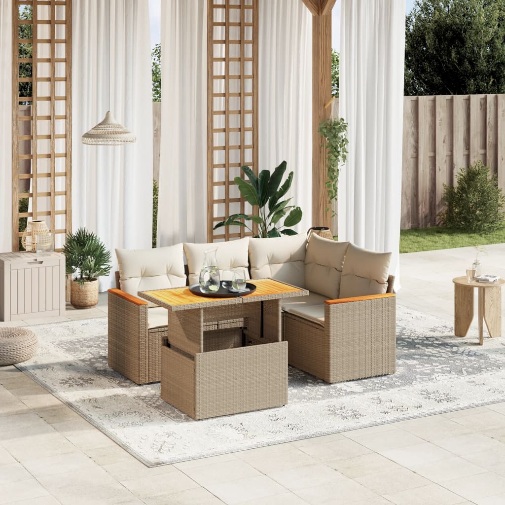 vidaXL 5-tlg. Garten-Sofagarnitur mit Kissen Beige Poly Rattan