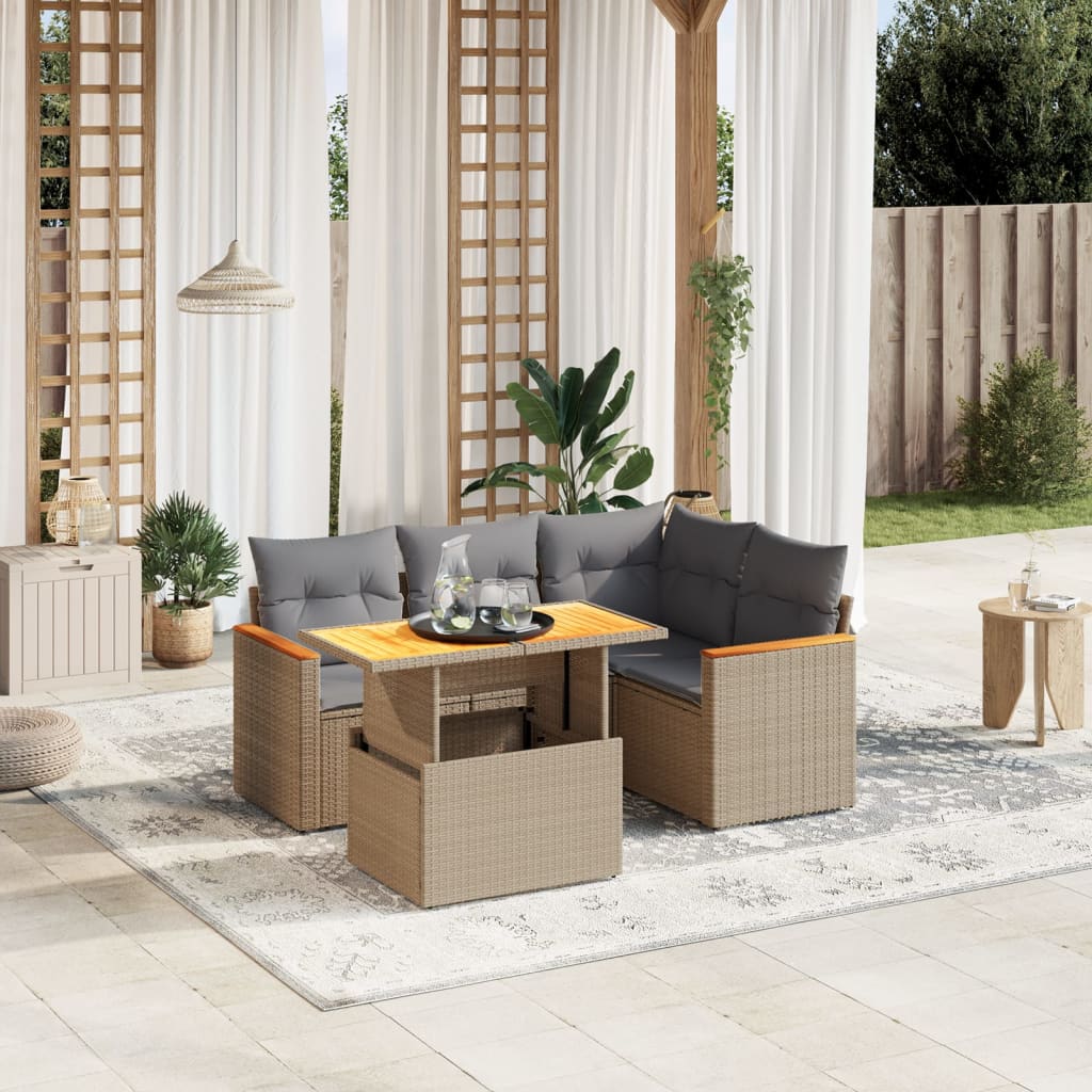 vidaXL 5-tlg. Garten-Sofagarnitur mit Kissen Beige Poly Rattan