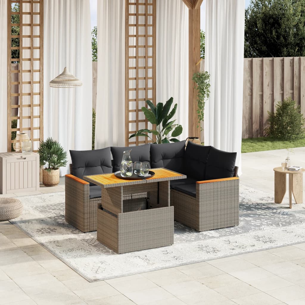 vidaXL 5-tlg. Garten-Sofagarnitur mit Kissen Grau Poly Rattan