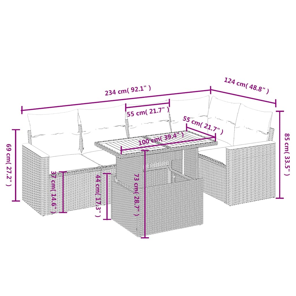 Set mobilier de grădină cu perne, 6 piese, negru, poliratan 3273064 - imagine 3