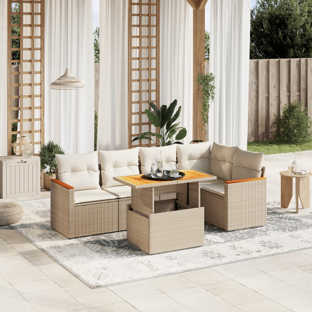 vidaXL 6-tlg. Garten-Sofagarnitur mit Kissen Beige Poly Rattan