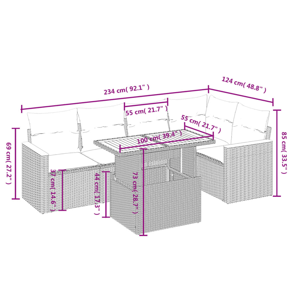 vidaXL 6 részes bézs polyrattan kerti ülőgarnitúra párnával