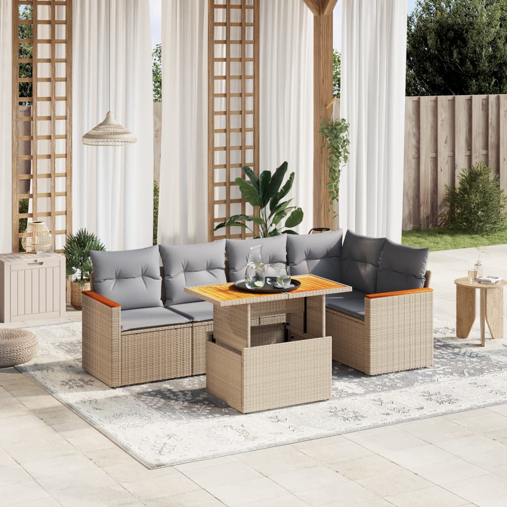 vidaXL 6-tlg. Garten-Sofagarnitur mit Kissen Beige Poly Rattan