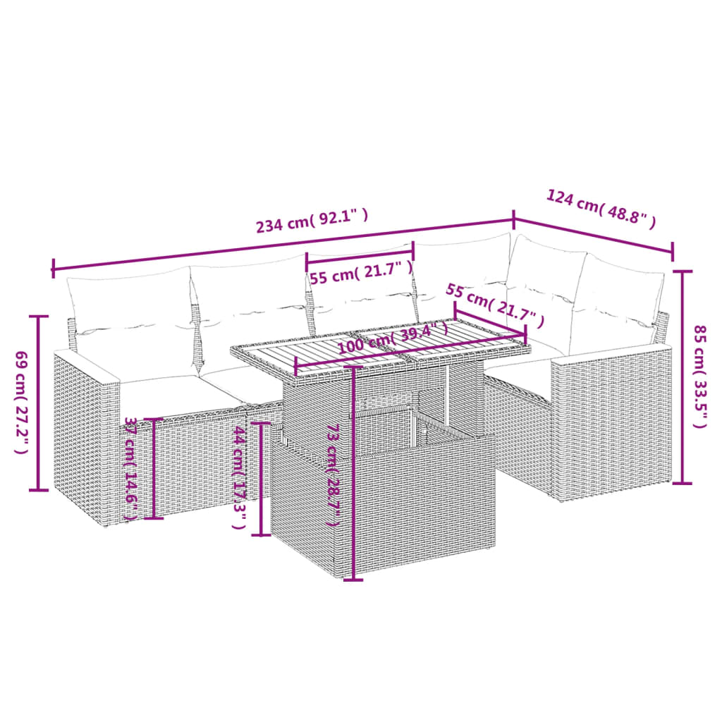 Set mobilier grădină cu perne, 6 piese, gri, poliratan 3273069 - imagine 3
