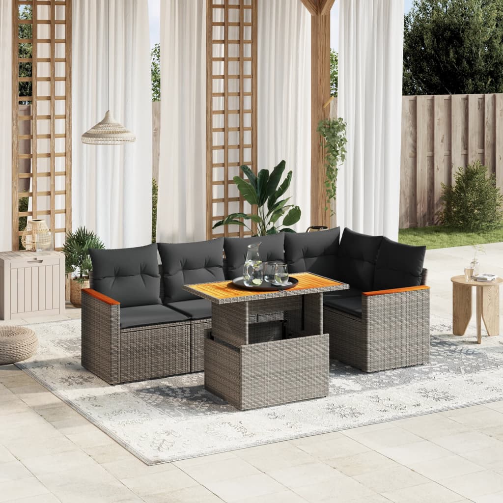 vidaXL 6-tlg. Garten-Sofagarnitur mit Kissen Grau Poly Rattan