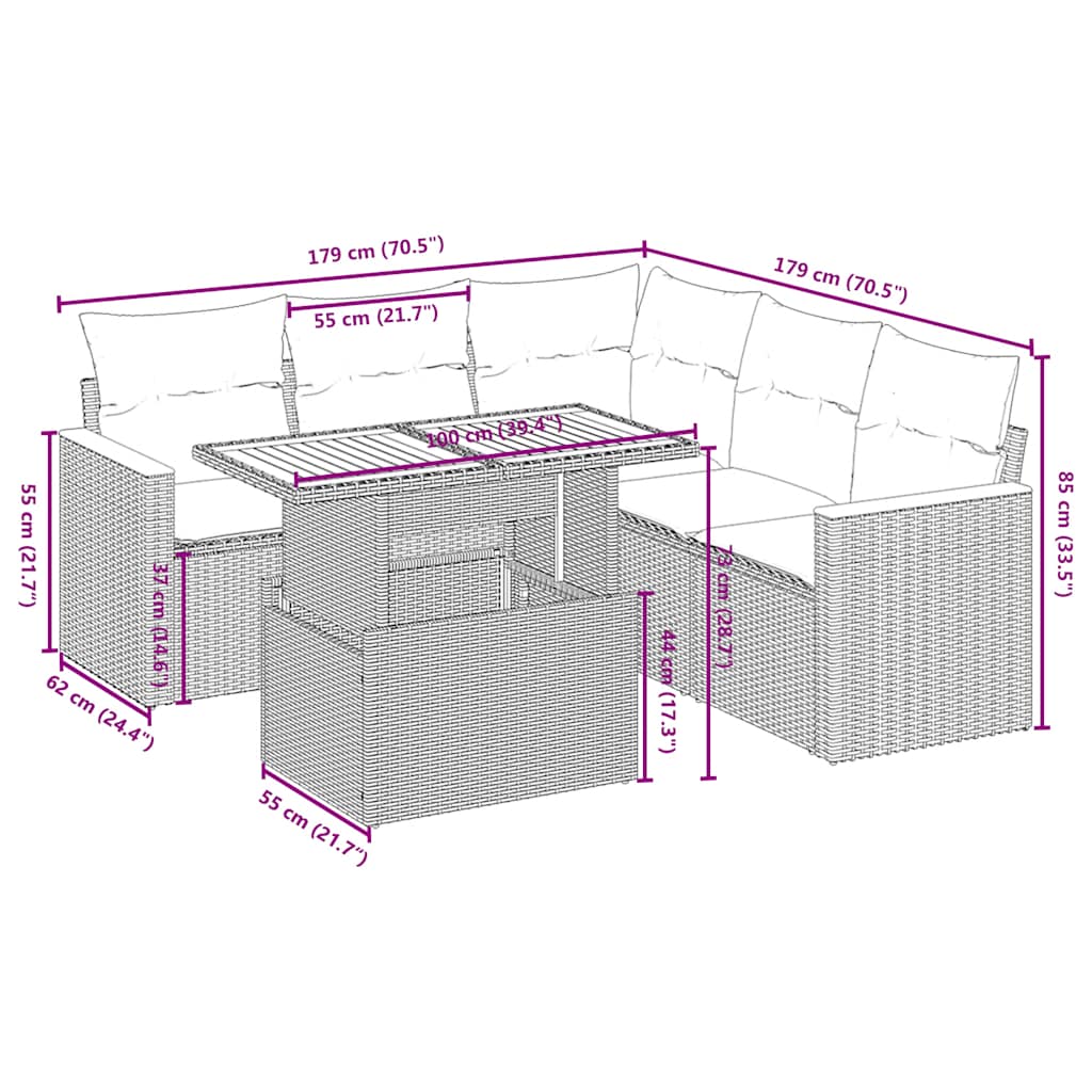 Set mobilier de grădină cu perne, 6 piese, negru, poliratan 3273071 - imagine 3