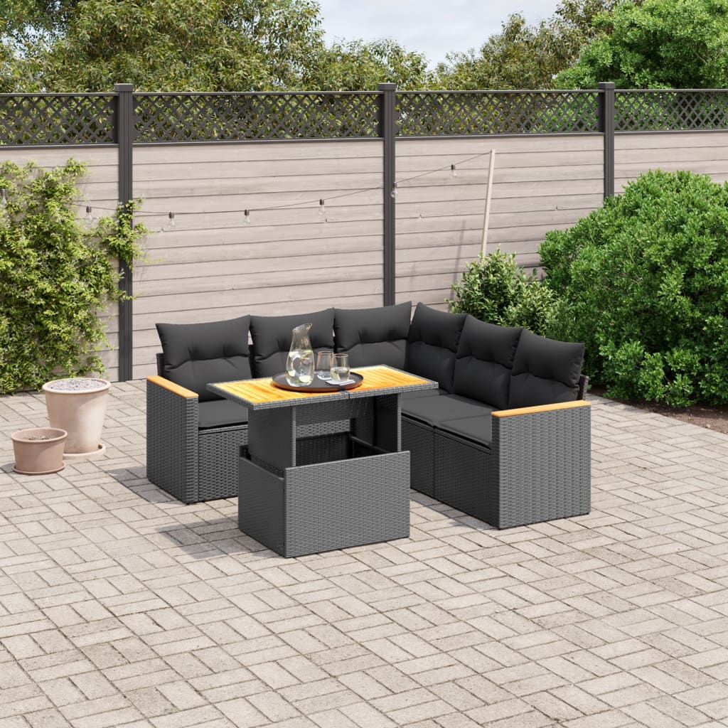 6-tlg. Garten-Sofagarnitur mit Kissen Schwarz Poly Rattan