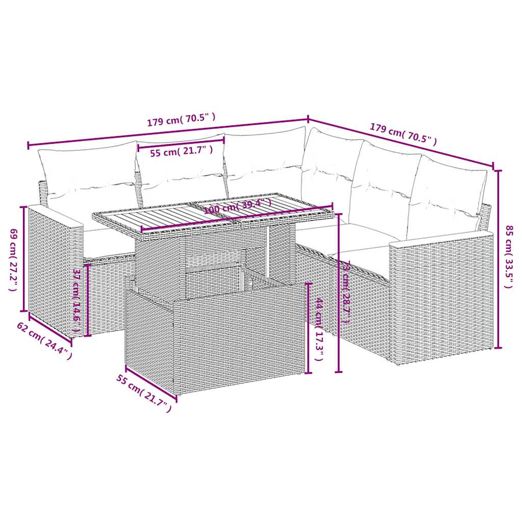 vidaXL 6-delige Loungeset met kussens poly rattan beige afbeelding