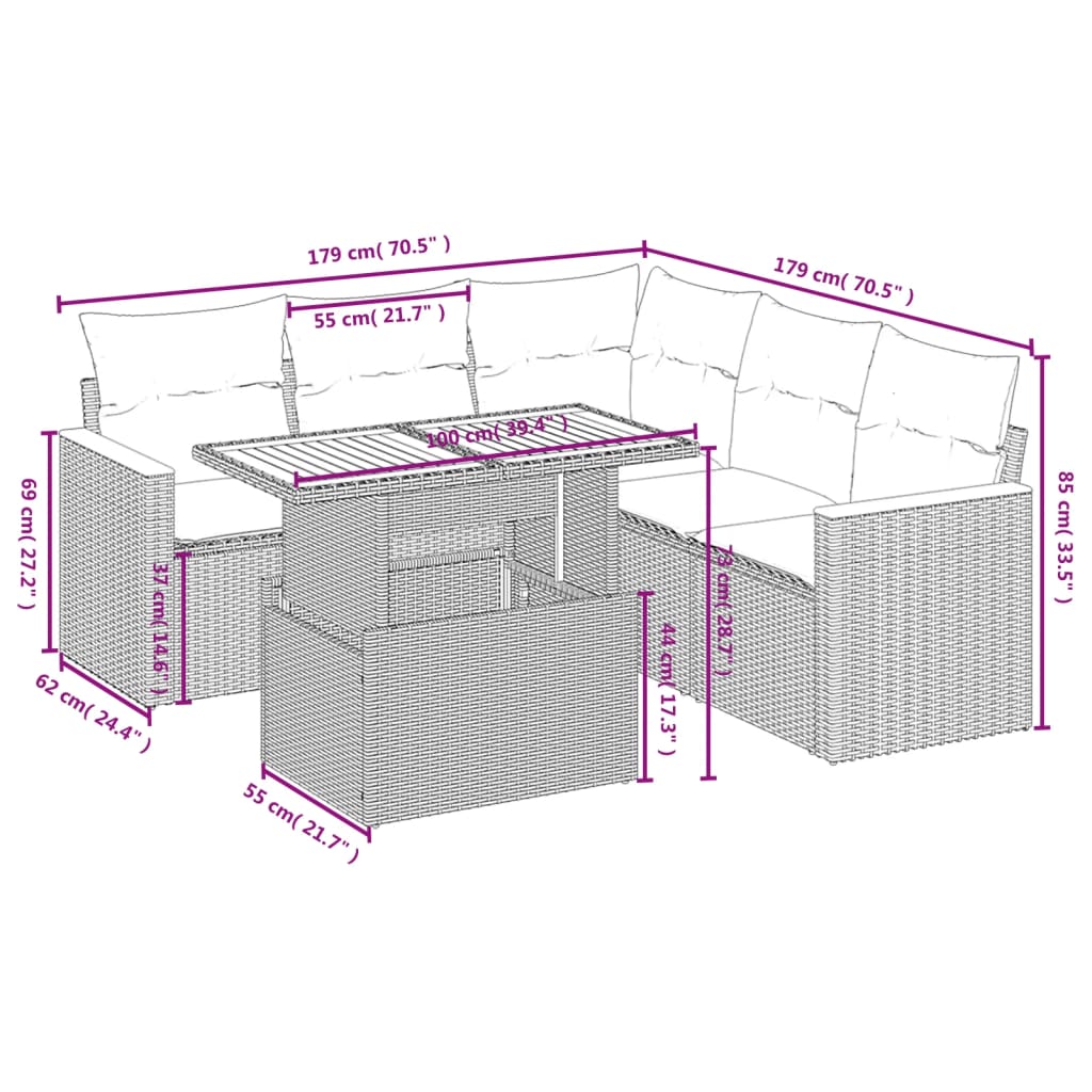 Set mobilier grădină cu perne, 6 piese, gri, poliratan 3273076 - imagine 3