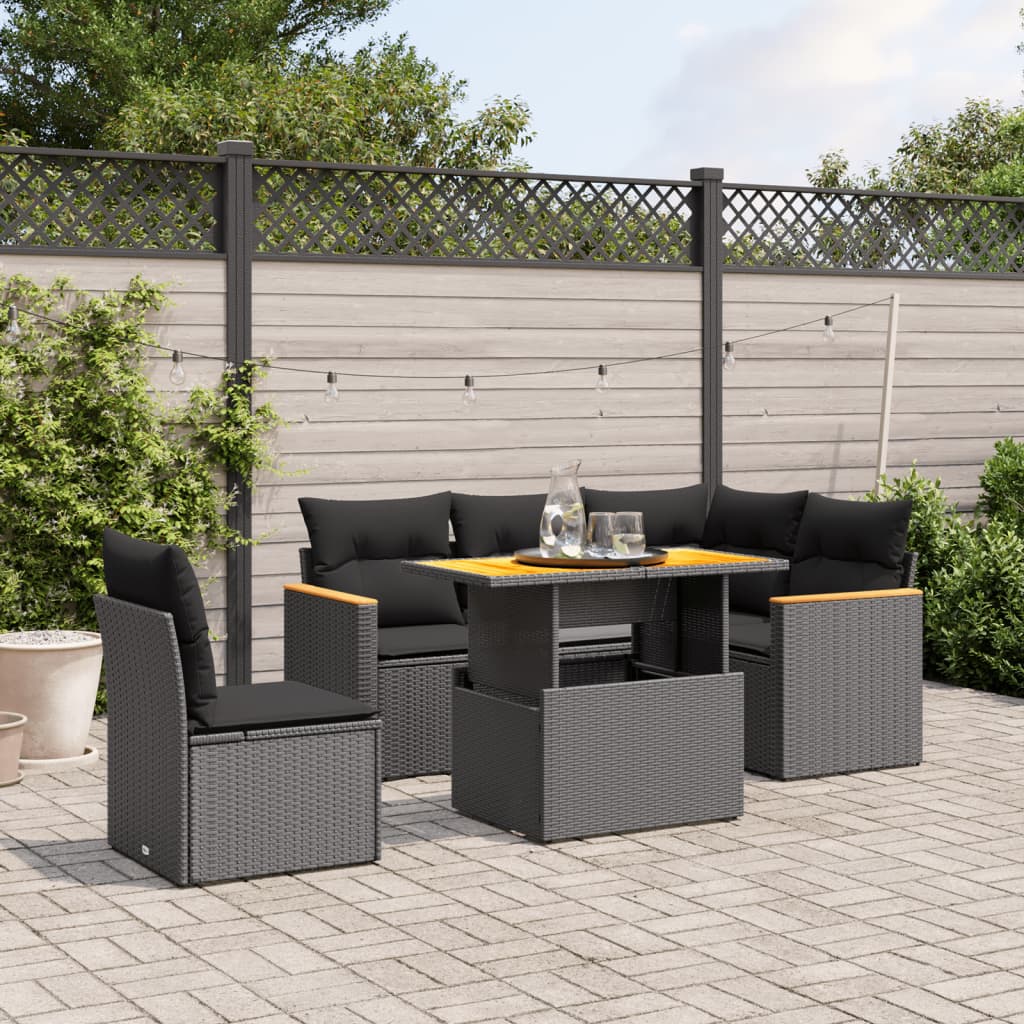 6-tlg. Garten-Sofagarnitur mit Kissen Schwarz Poly Rattan