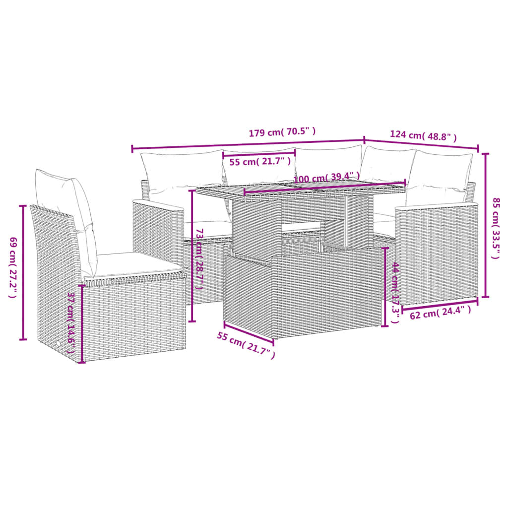 vidaXL 6-delige Loungeset met kussens poly rattan beige afbeelding