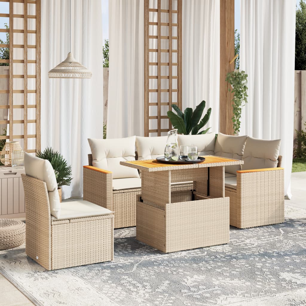 vidaXL 6-tlg. Garten-Sofagarnitur mit Kissen Beige Poly Rattan