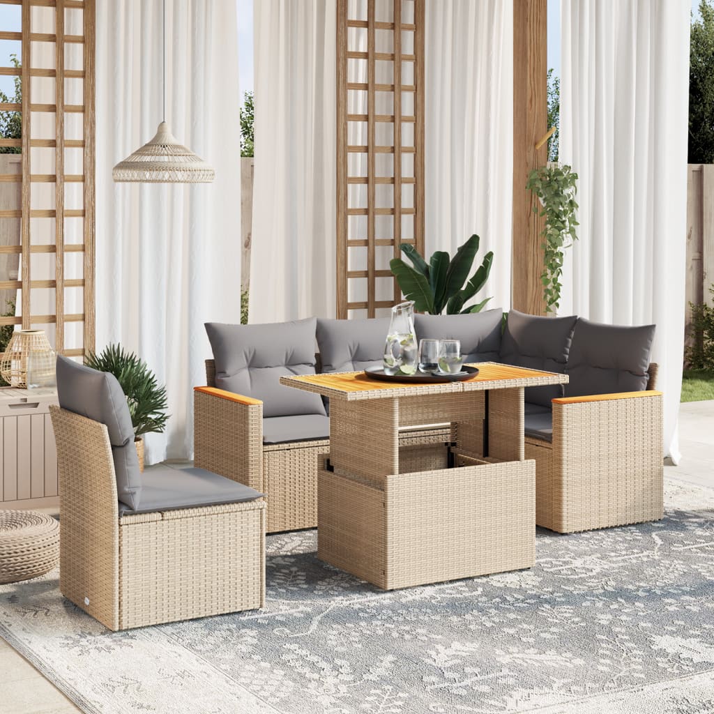 vidaXL 6-tlg. Garten-Sofagarnitur mit Kissen Beige Poly Rattan