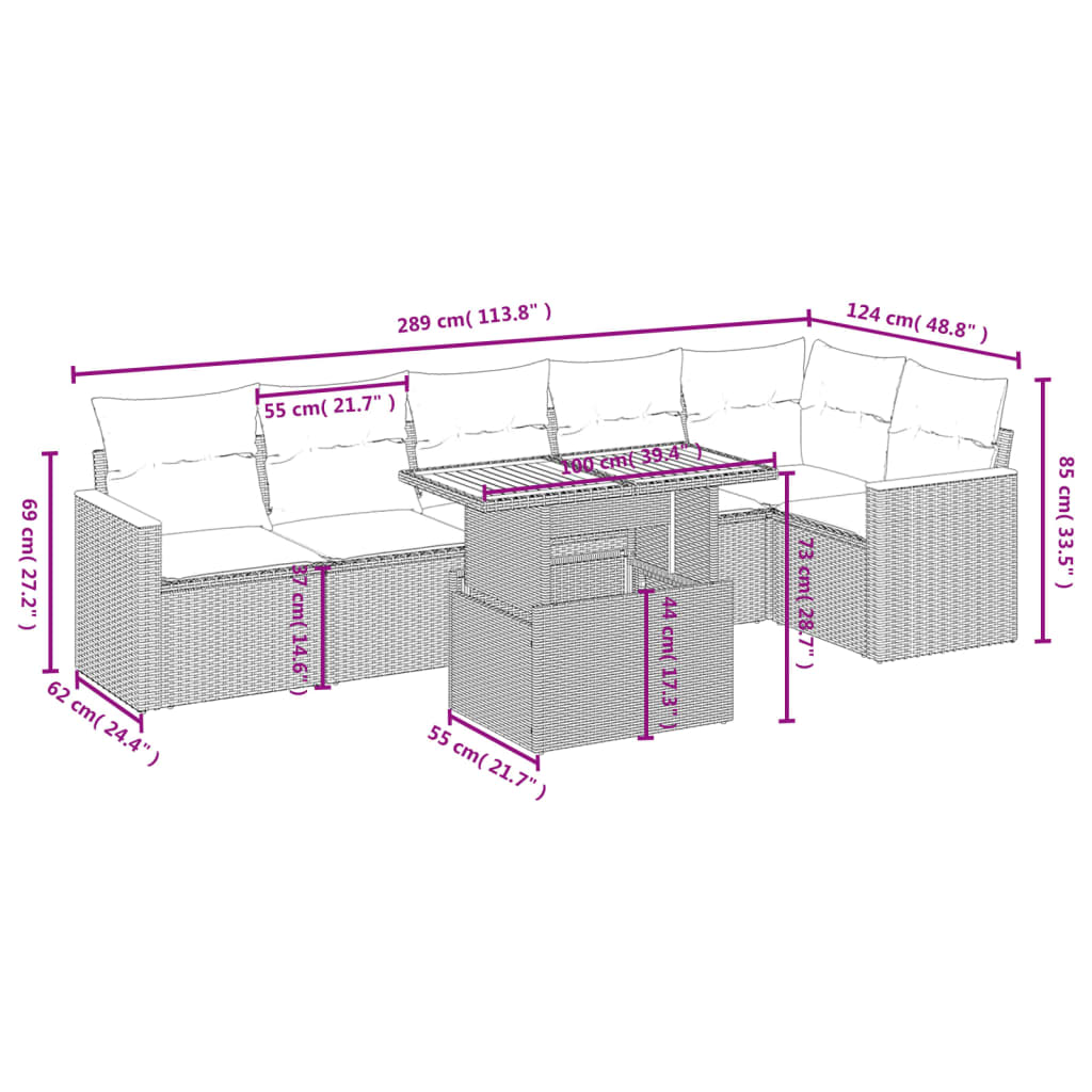 vidaXL 7-delige Loungeset met kussens poly rattan zwart afbeelding