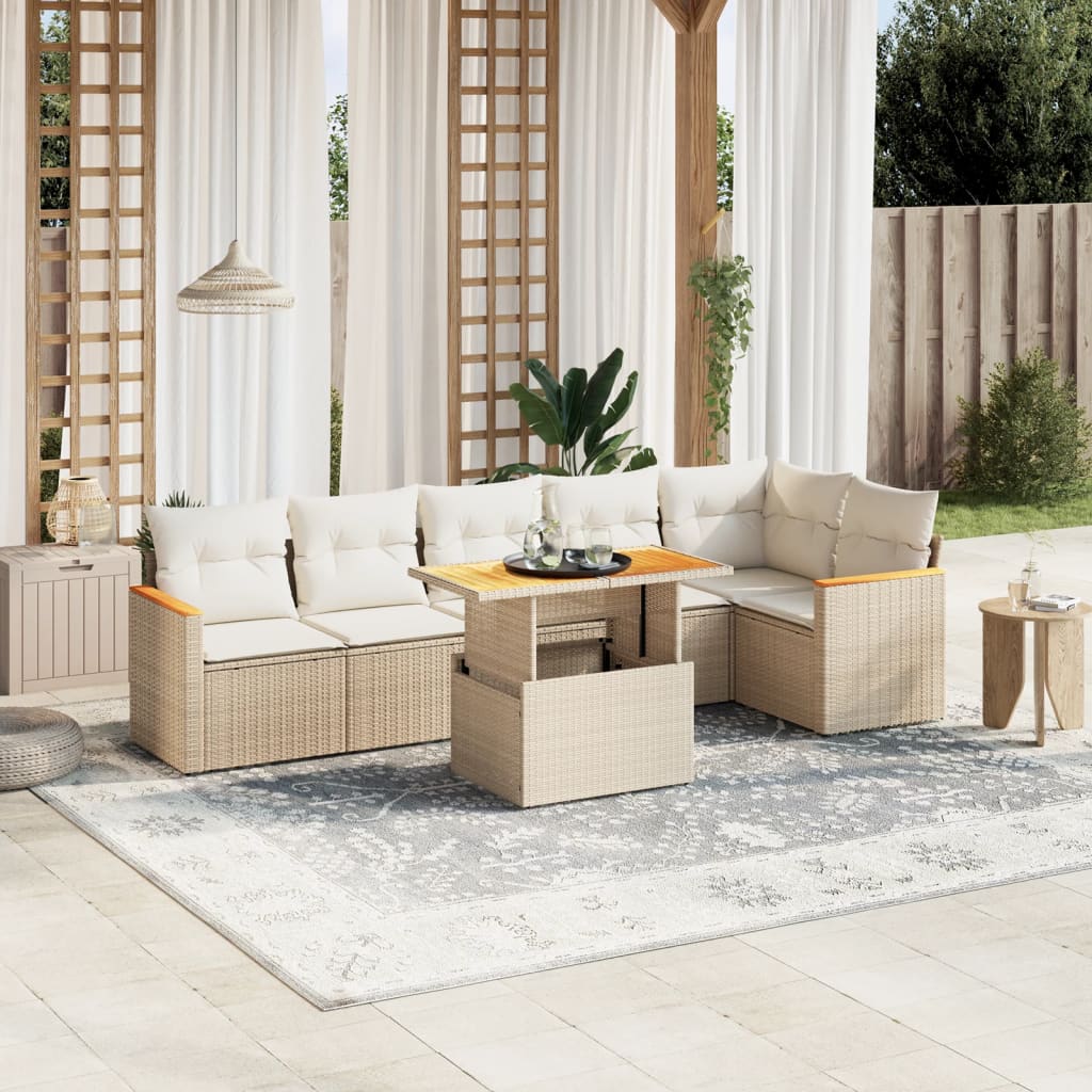 vidaXL 7-tlg. Garten-Sofagarnitur mit Kissen Beige Poly Rattan