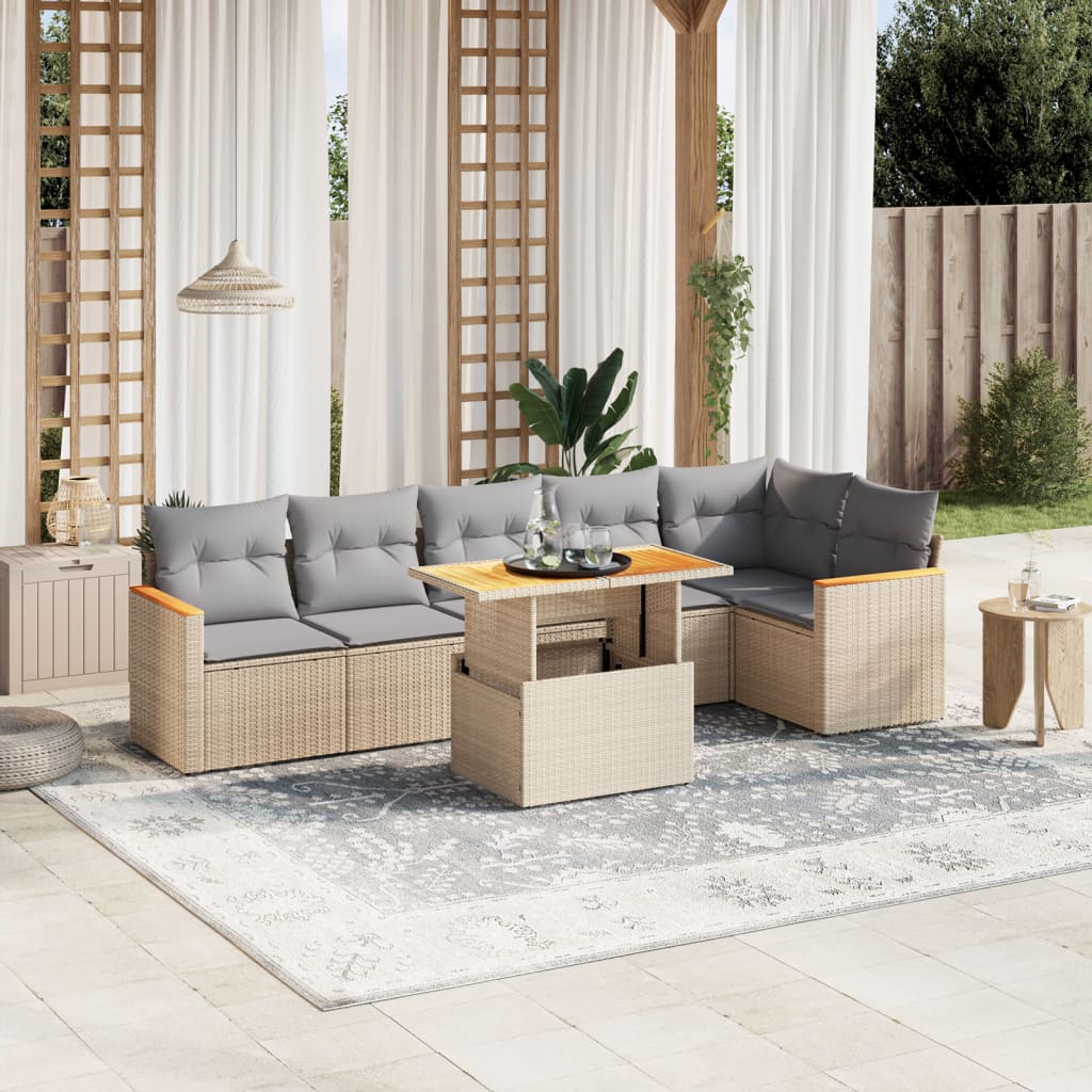 vidaXL 7-tlg. Garten-Sofagarnitur mit Kissen Beige Poly Rattan