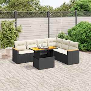 Vrtna sedežna garnitura 7-delna z blazinami črn poli ratan