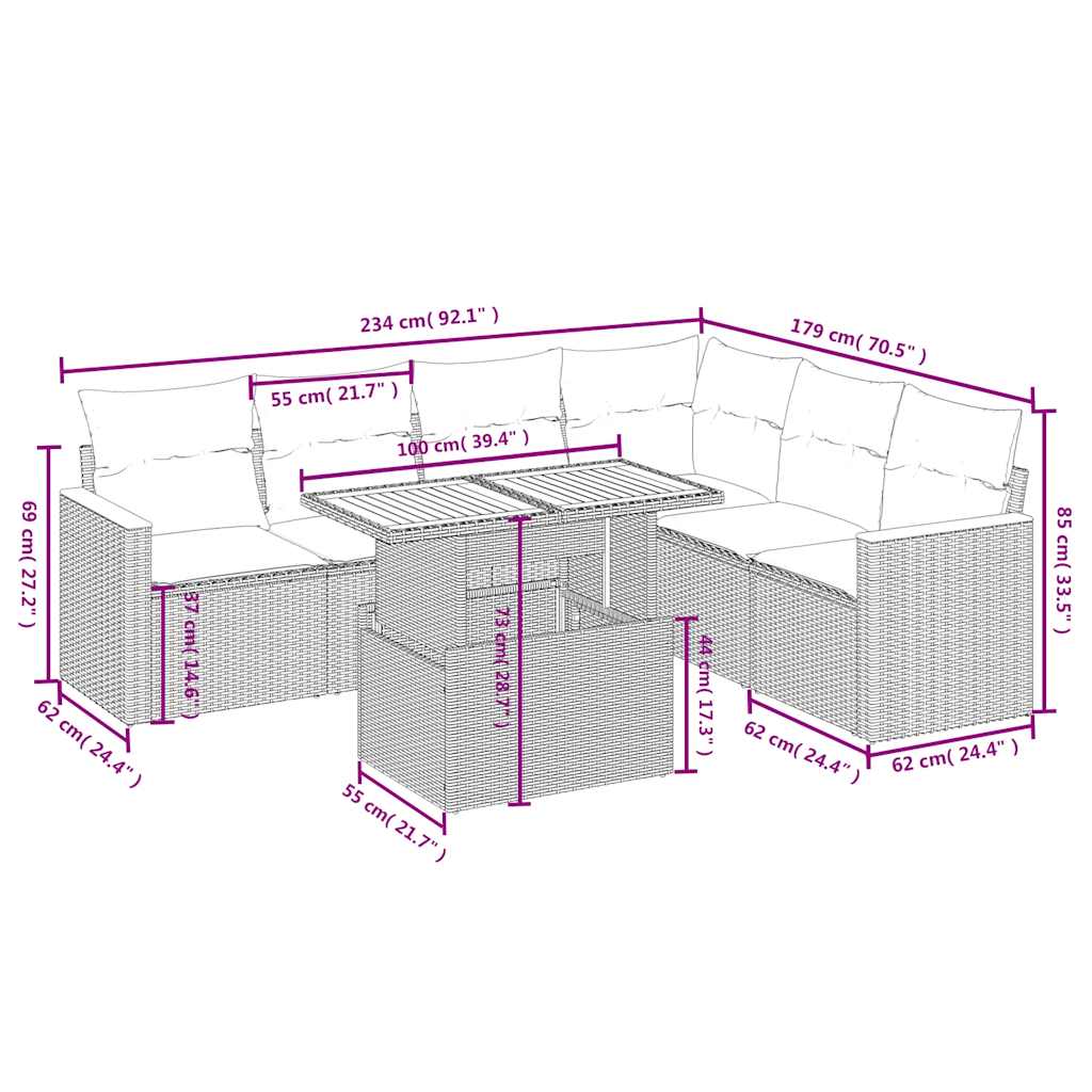 vidaXL 7-delige Loungeset met kussens poly rattan beige afbeelding