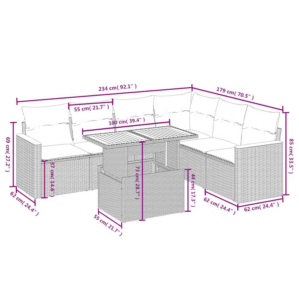 vidaXL 7-delige Loungeset met kussens poly rattan grijs afbeelding